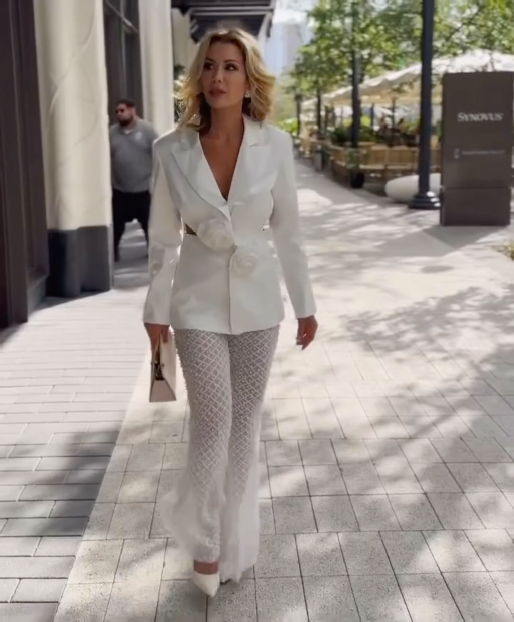 White Lace Trousers and Blazer Set | Elegant Rosette Blazer &amp; Sheer Pants Suit for Events MYLINE