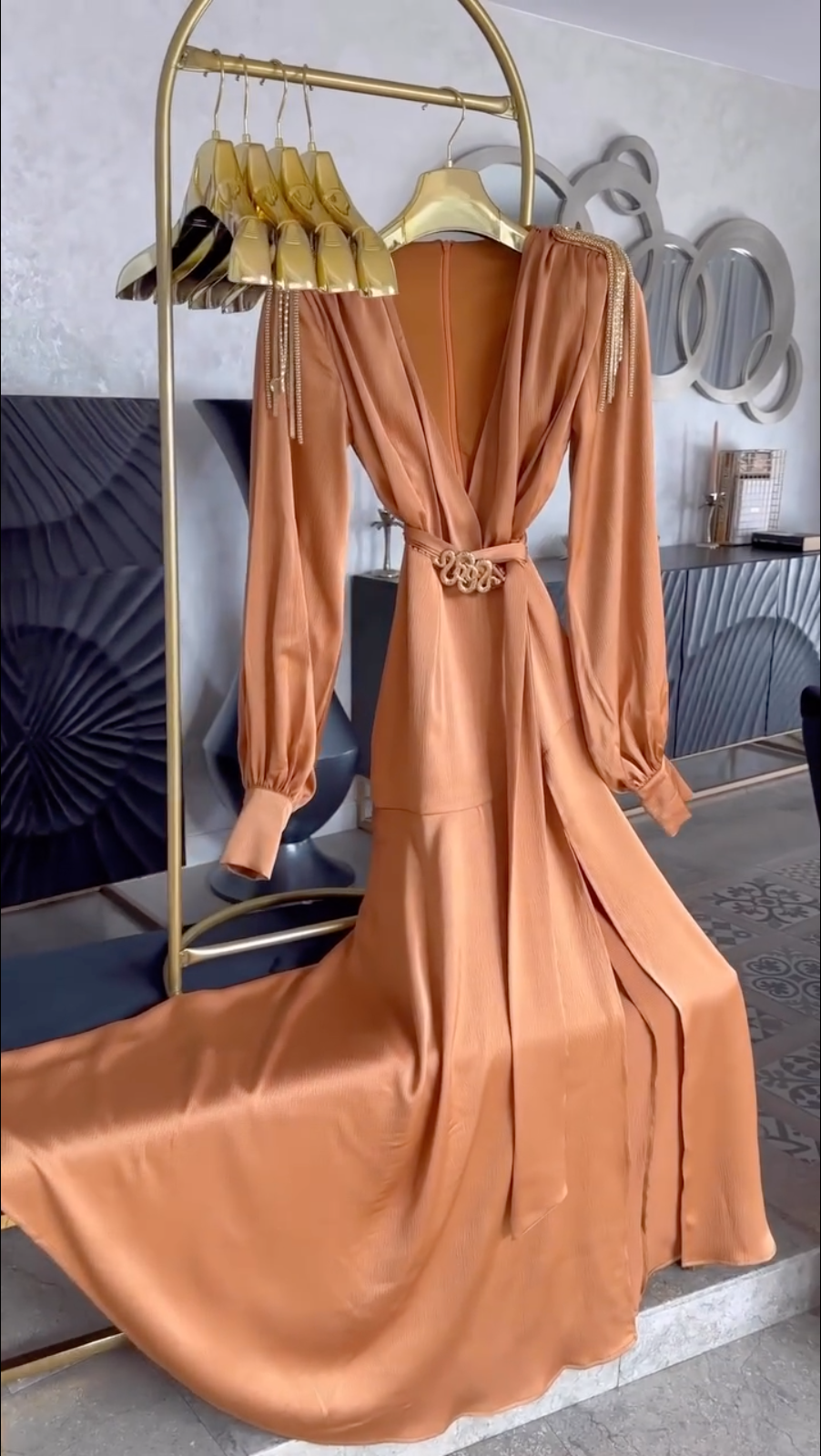 Rust Satin Maxi Dress | Deep V-Neck, Long Sleeve Evening Gown with Slit