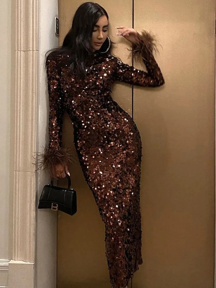 Sequin Feather Long Sleeve Midi Dress