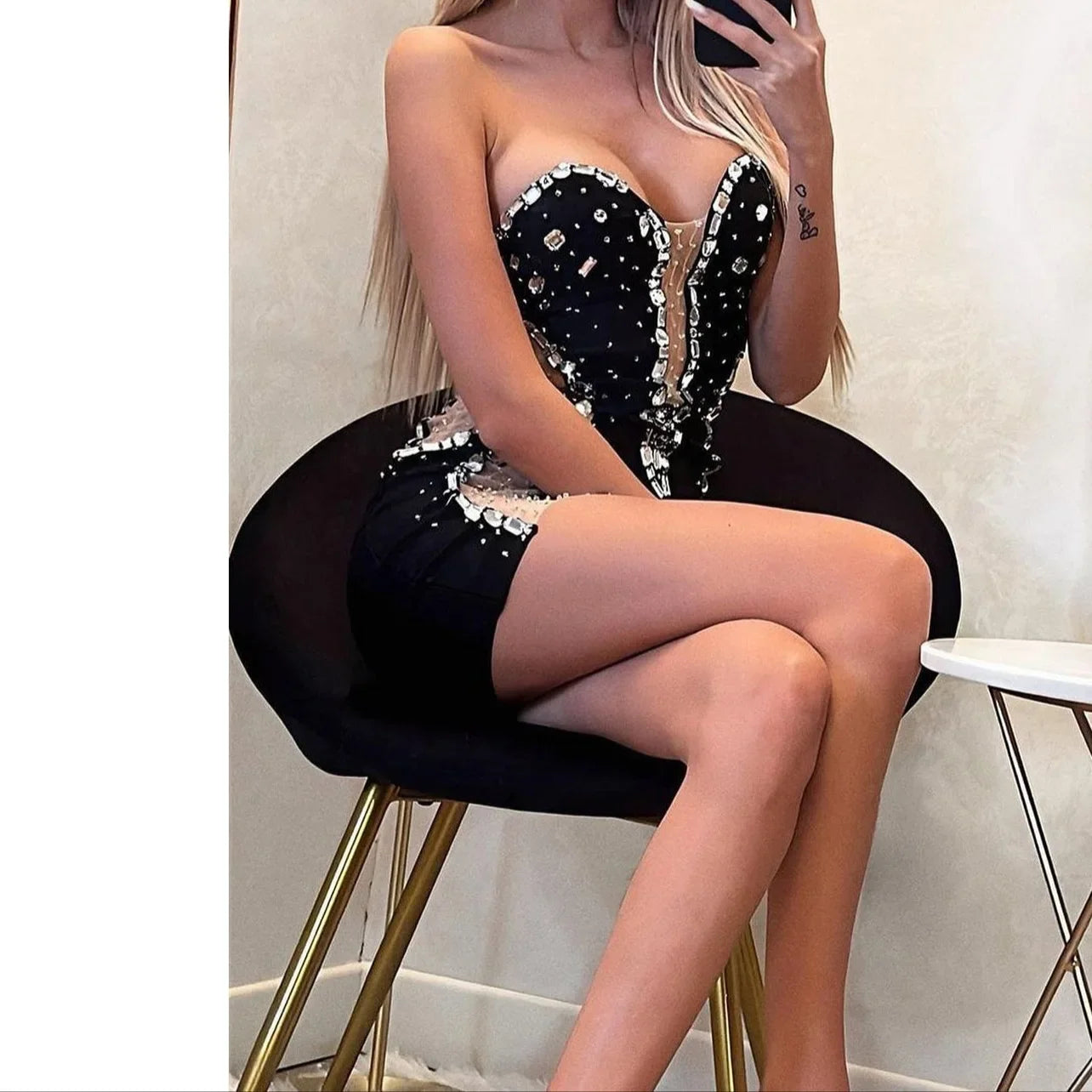 Midnight Crystal Illusion Strapless Mini Dress