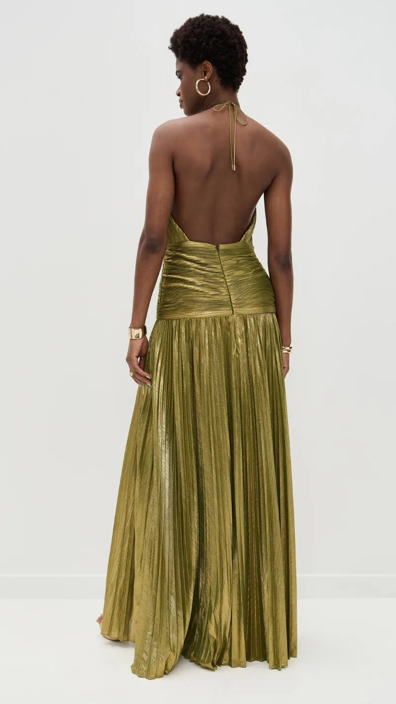 Metallic Halter Maxi Dress with Pleated Skirt