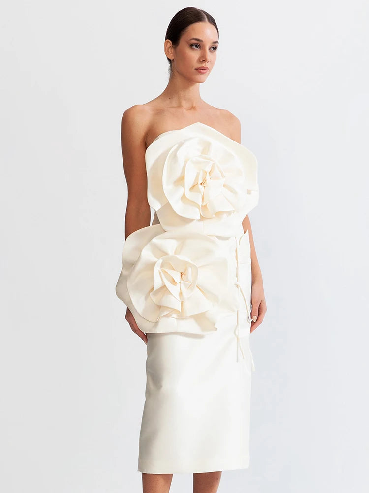 White Sculpted Floral Strapless Midi Dress