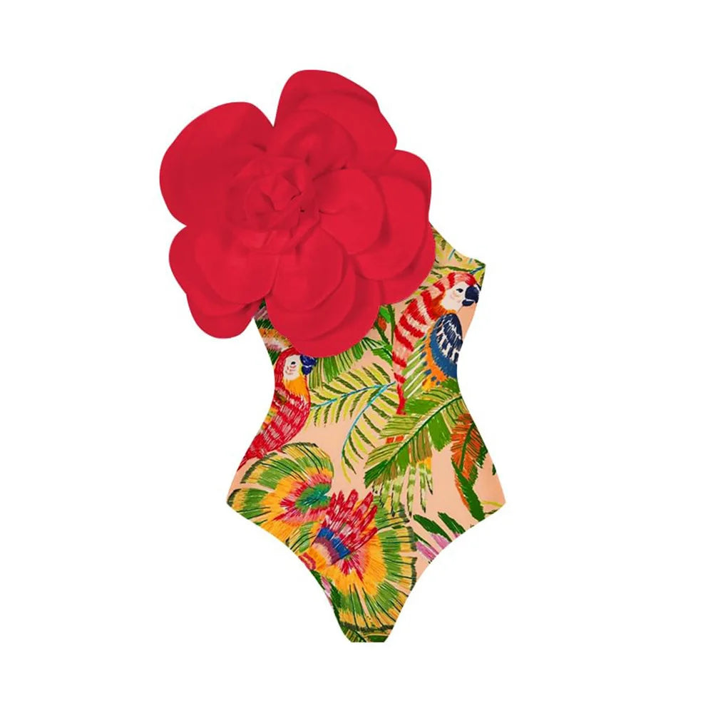 Floral One-Shoulder Swimsuit & Sarong Set