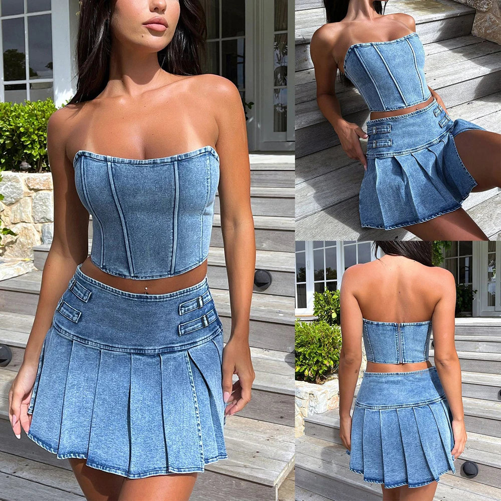 Denim Corset & Pleated Mini Skirt Set