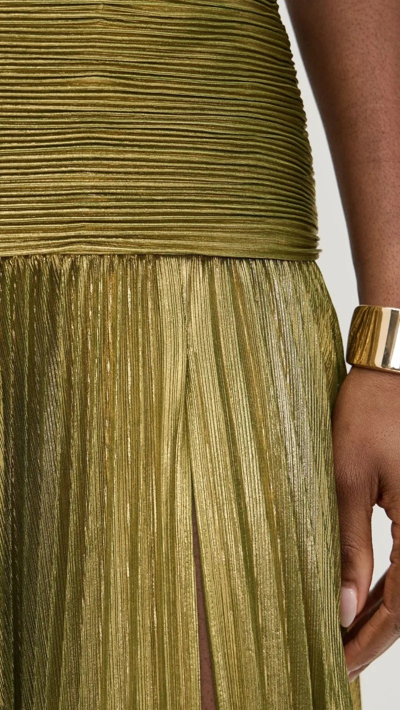 Metallic Halter Maxi Dress with Pleated Skirt