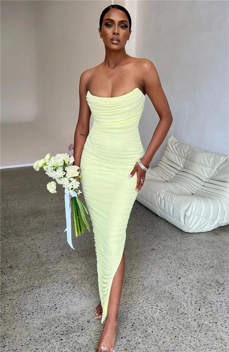 Ruched Strapless Bodycon Midi Dress