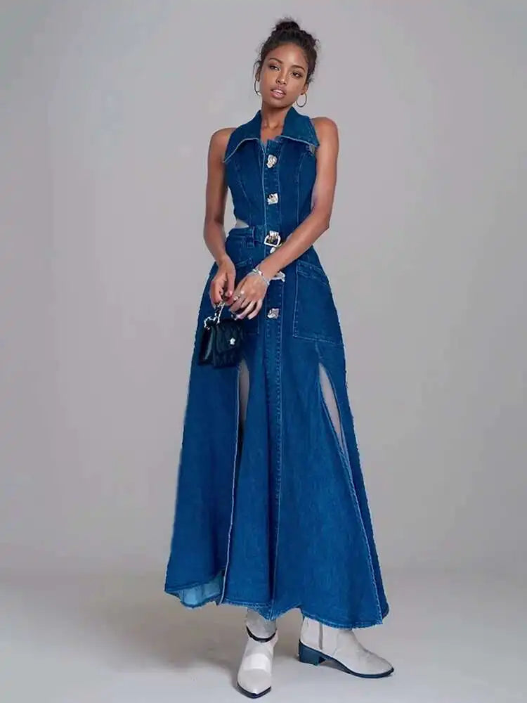Vintage Denim Cut-Out Maxi Dress
