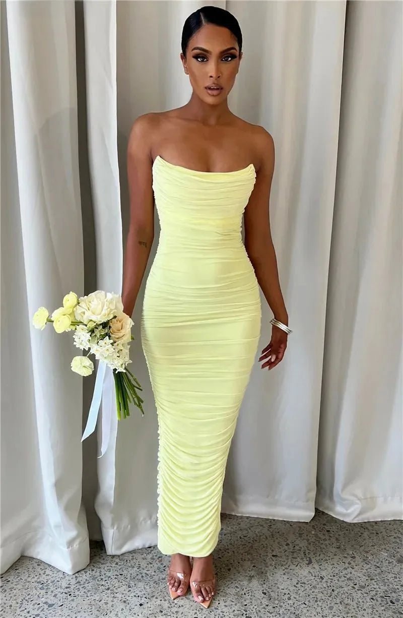 Ruched Strapless Bodycon Midi Dress