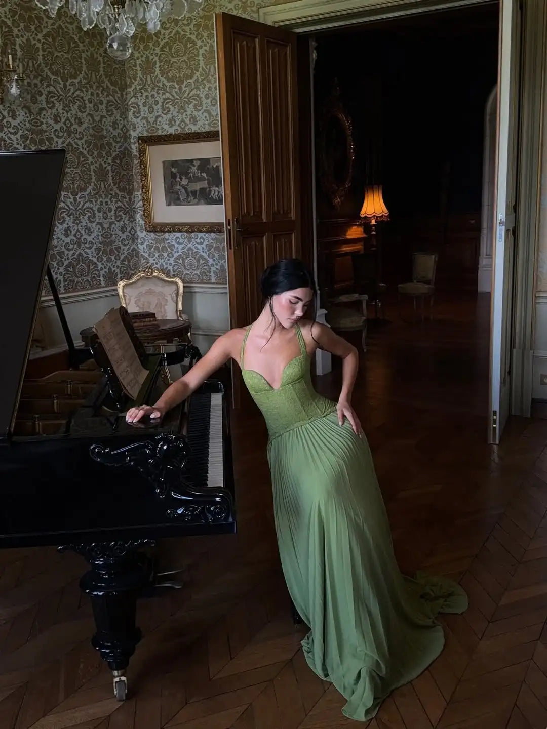 Lace Corset Maxi Dress with Pleated Skirt