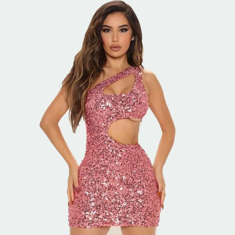 Pink Sequin One-Shoulder Cut-Out Mini Dress
