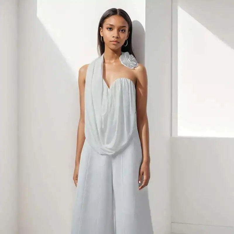 Elegant White Halter Draped Camisole Jumpsuit