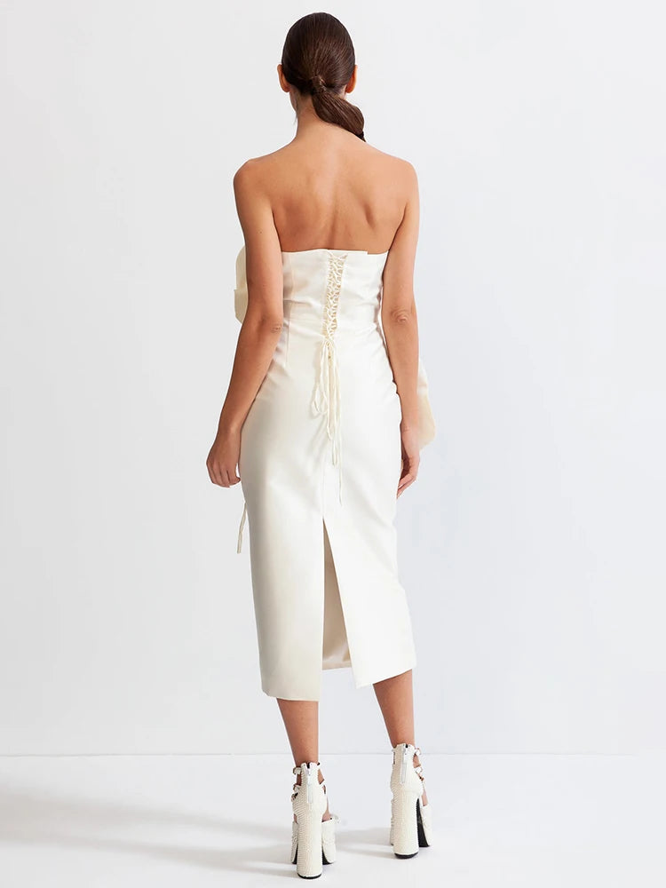 White Sculpted Floral Strapless Midi Dress