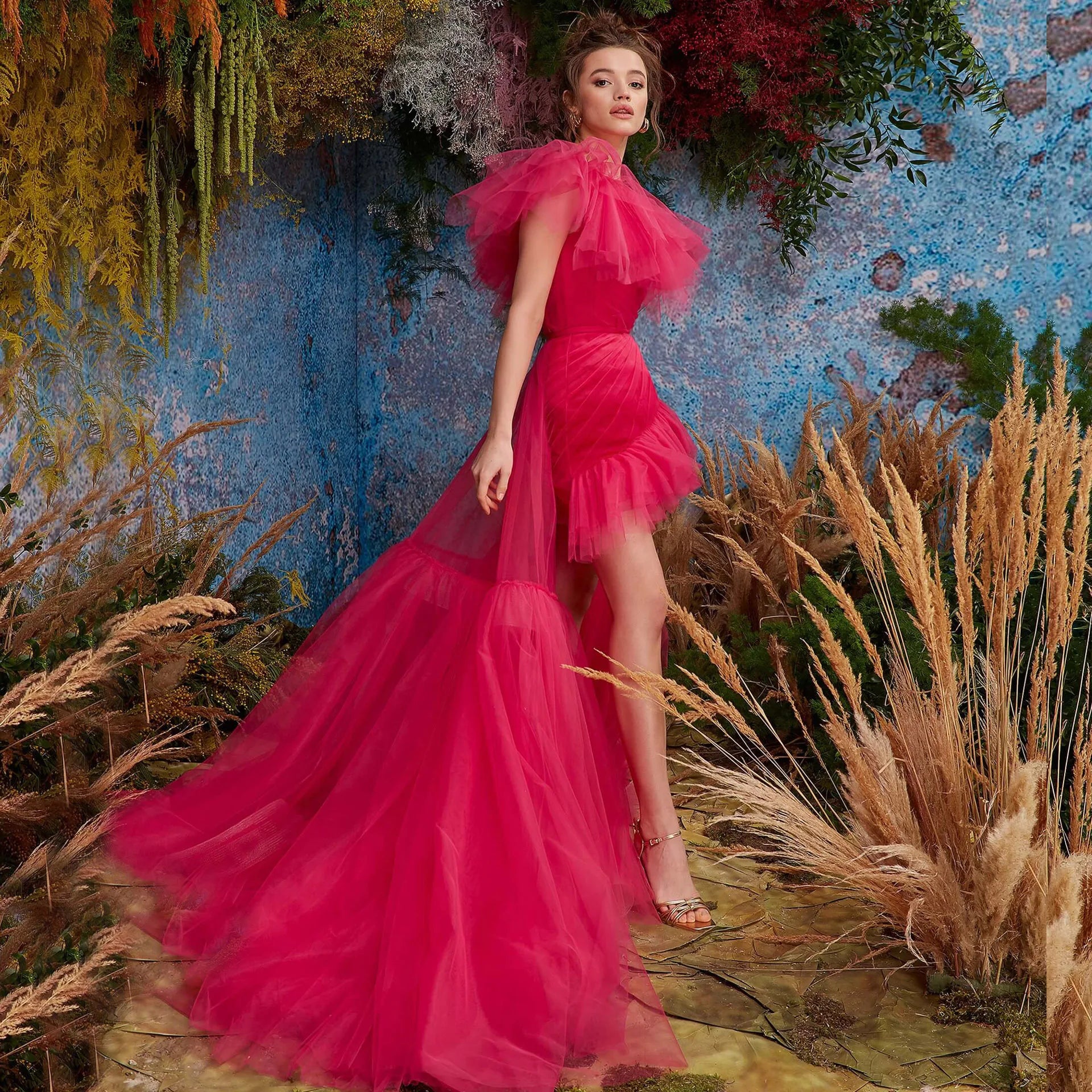 One-Shoulder Ruffled High-Low Tulle Dress