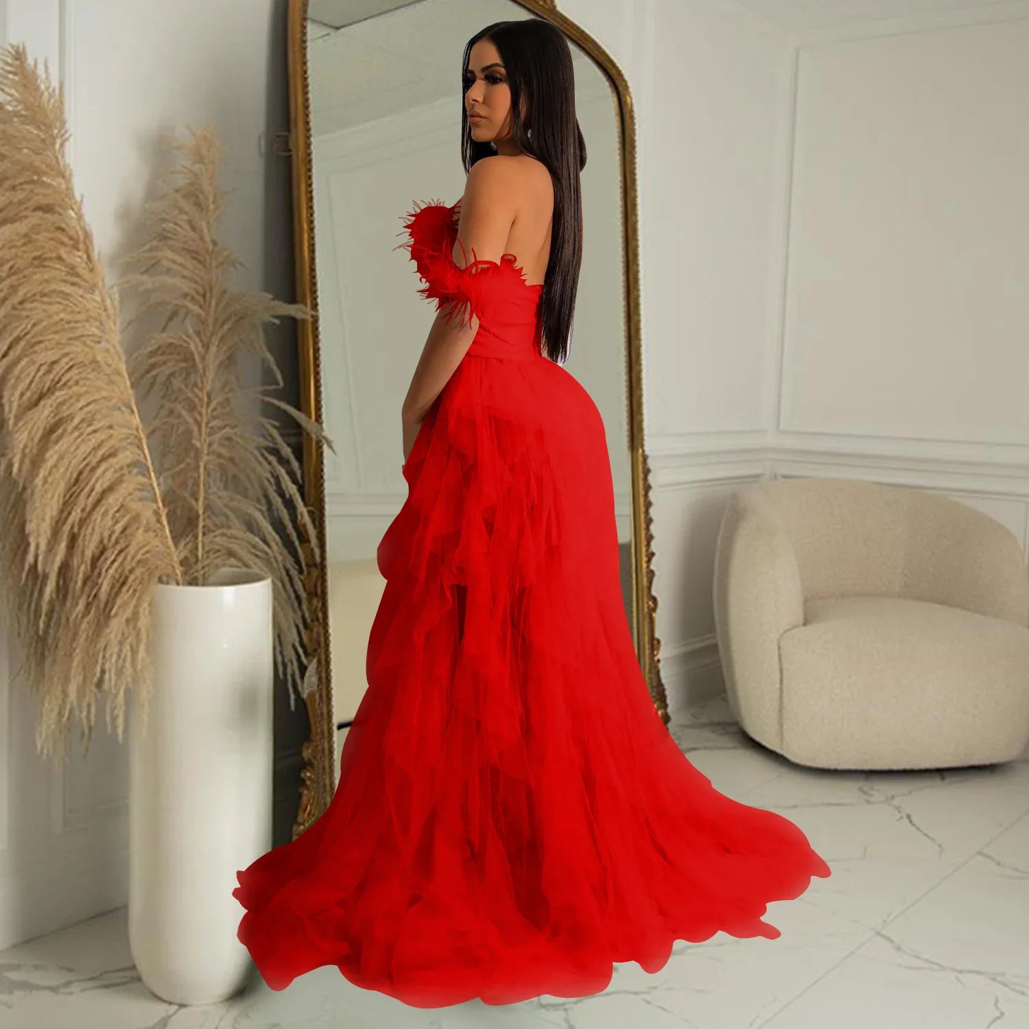 Feather Corset Tulle Gown