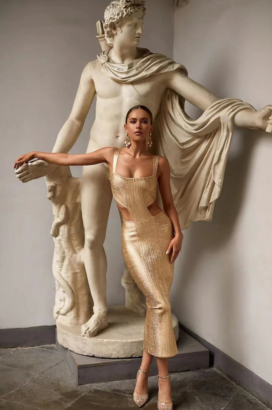 Gold Cut-Out Midi Dress