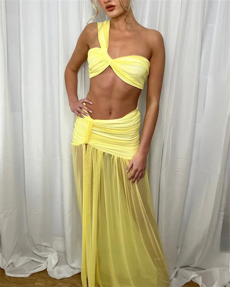 One-Shoulder Ruched Two-Piece Maxi Set