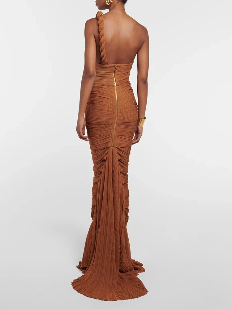 Rust One Shoulder Maxi Dress | Braided Draped Gown with Side Cutout MYLINE
