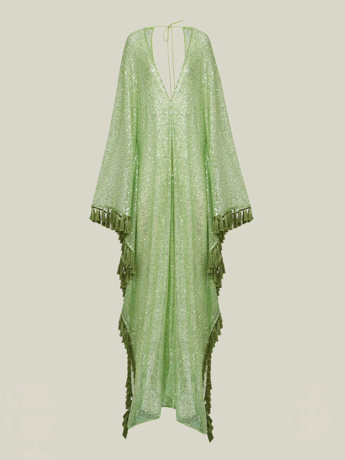Sequin Tassel Kaftan Maxi Dress in Pistachio Green