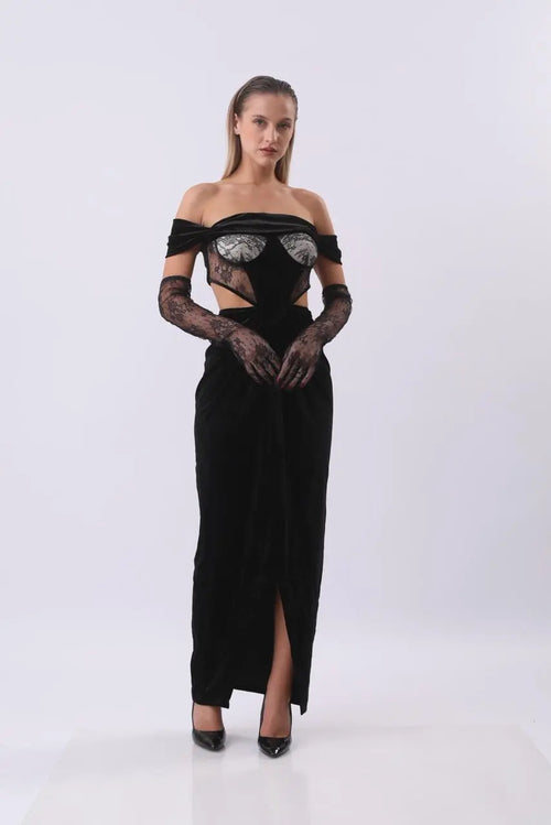 Black Velvet Cutout Gown | Off-Shoulder Lace Corset Dress | Elegant Maxi Dress with Gloves MYLINE