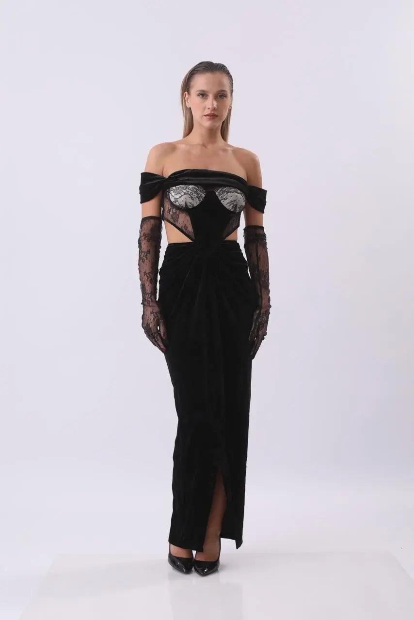 Black Velvet Cutout Gown | Off-Shoulder Lace Corset Dress | Elegant Maxi Dress with Gloves MYLINE