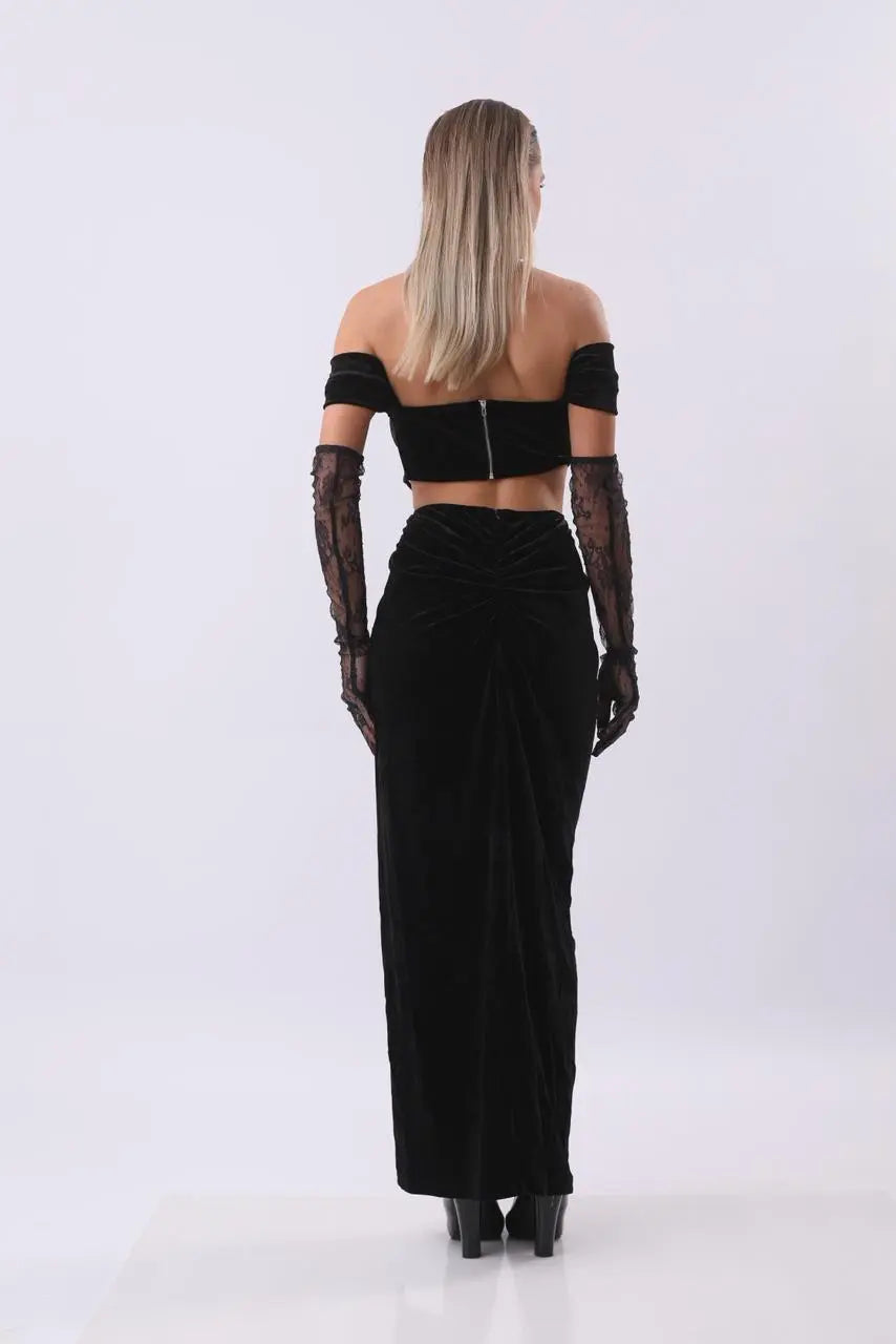 Black Velvet Cutout Gown | Off-Shoulder Lace Corset Dress | Elegant Maxi Dress with Gloves MYLINE