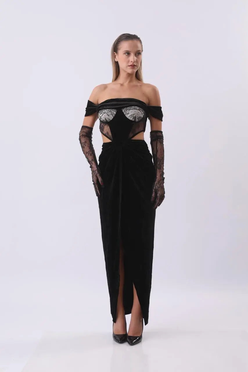 Black Velvet Cutout Gown | Off-Shoulder Lace Corset Dress | Elegant Maxi Dress with Gloves MYLINE