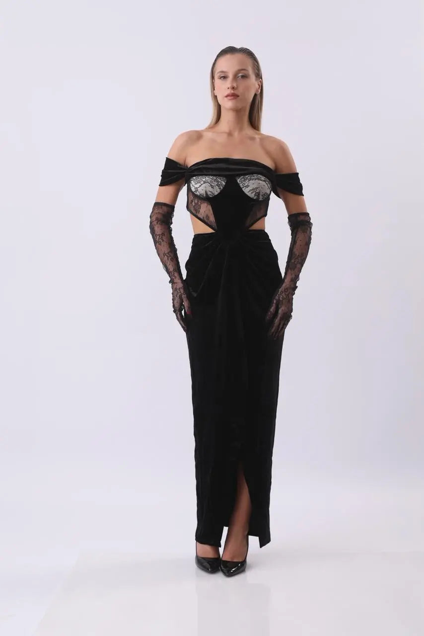 Black Velvet Cutout Gown | Off-Shoulder Lace Corset Dress | Elegant Maxi Dress with Gloves MYLINE