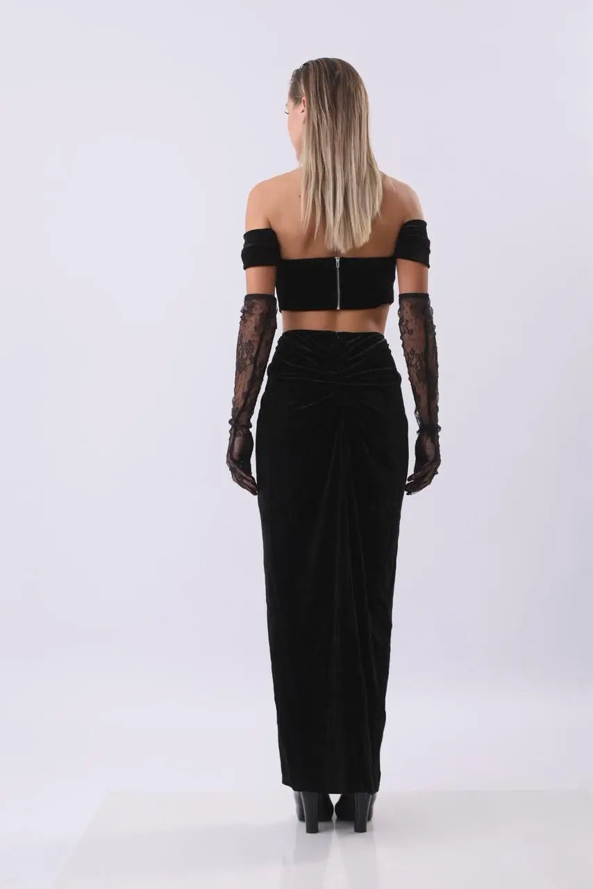Black Velvet Cutout Gown | Off-Shoulder Lace Corset Dress | Elegant Maxi Dress with Gloves MYLINE