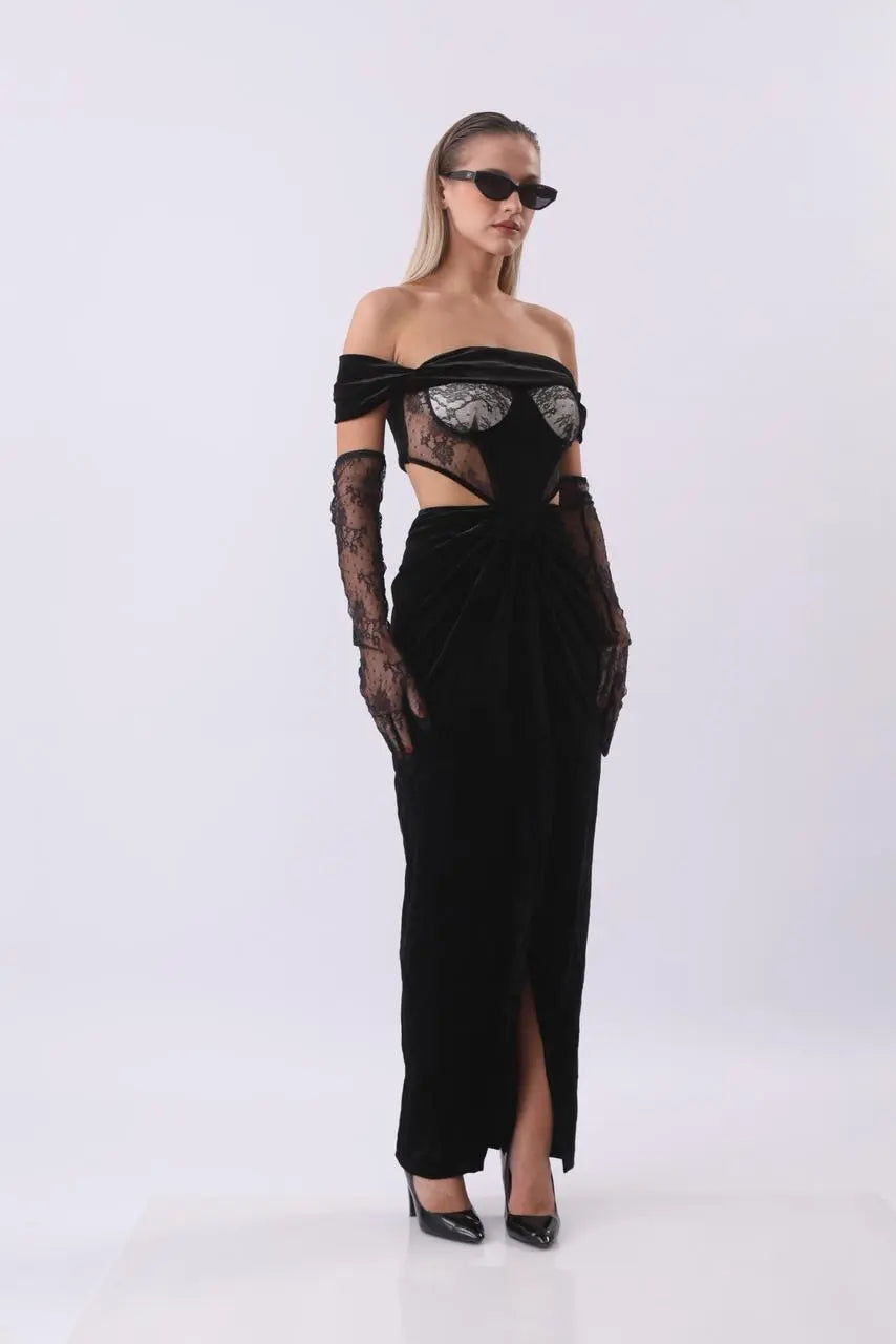 Black Velvet Cutout Gown | Off-Shoulder Lace Corset Dress | Elegant Maxi Dress with Gloves MYLINE