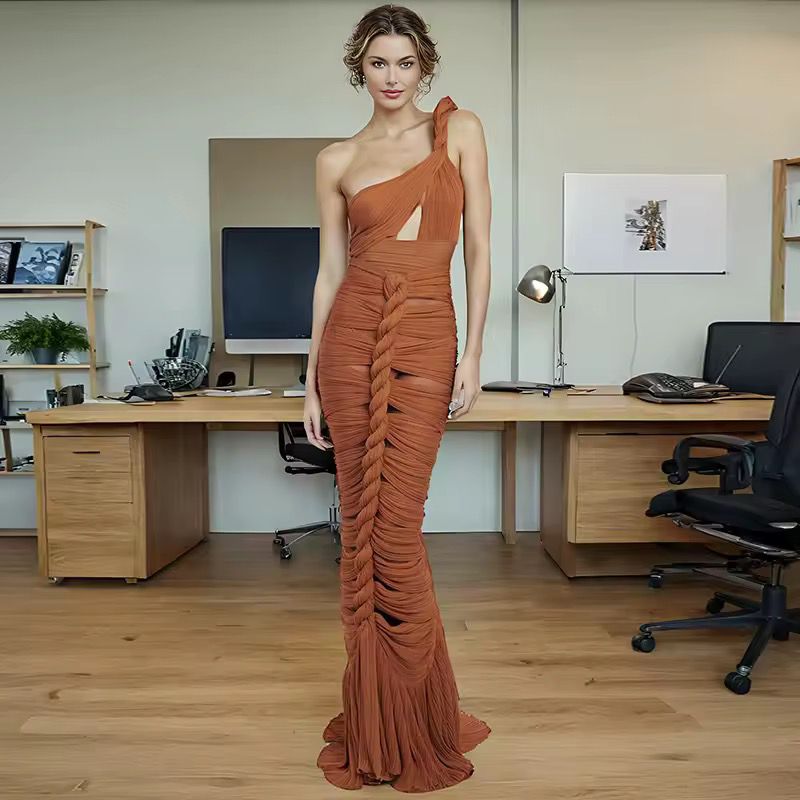 Rust One Shoulder Maxi Dress | Braided Draped Gown with Side Cutout MYLINE