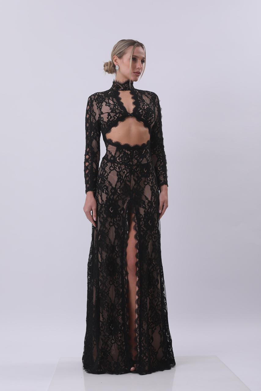 Noir Lace Cut-Out Maxi Dress