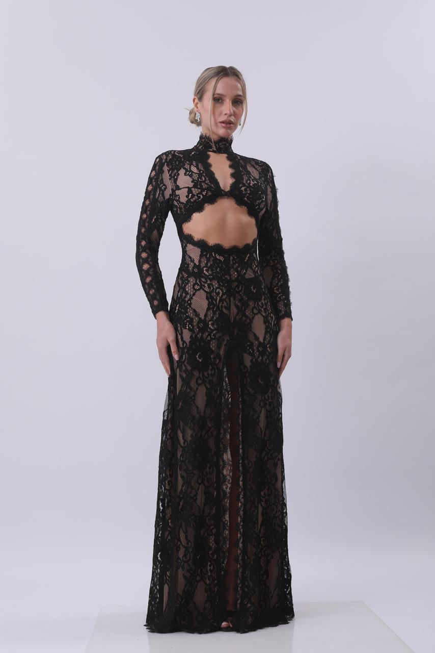 Noir Lace Cut-Out Maxi Dress