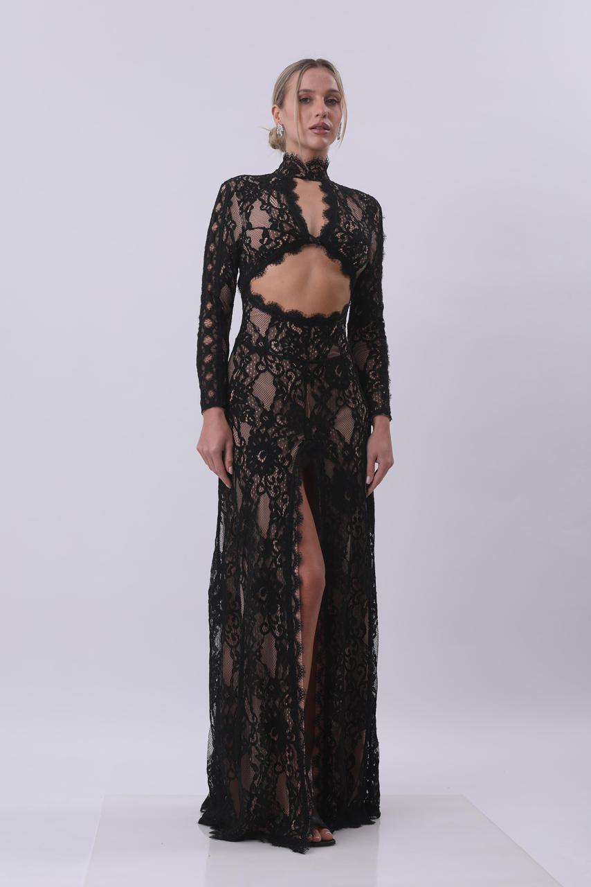 Noir Lace Cut-Out Maxi Dress