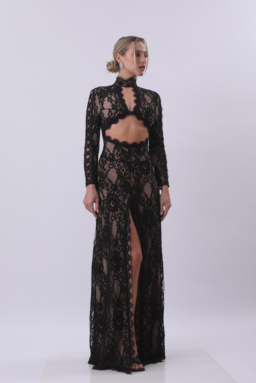 Noir Lace Cut-Out Maxi Dress