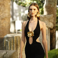 Black Cutout Jumpsuit with Gold Flower | Elegant Halter Wide-Leg Evening Suit MYLINE
