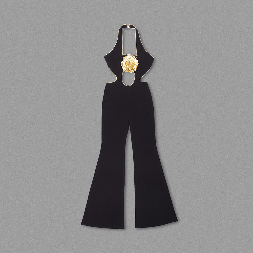 Black Cutout Jumpsuit with Gold Flower | Elegant Halter Wide-Leg Evening Suit MYLINE