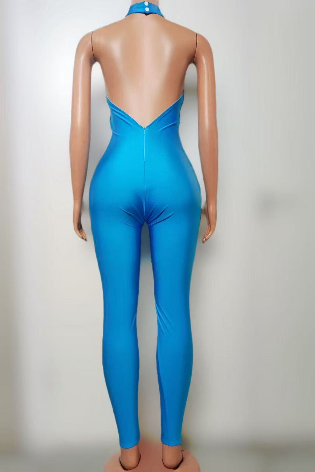 Black Beaded Illusion Jumpsuit | Sheer Mesh Bodysuit with Appliqué & High Neck Halter for Stage and Events MYLINE