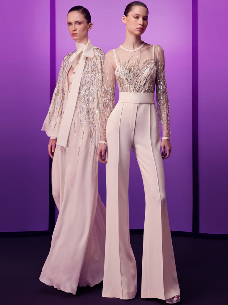 White Embellished Illusion Jumpsuit | Beaded Mesh Bodice with High Waist & Flared Pants – Elegant Evening Look MYLINE