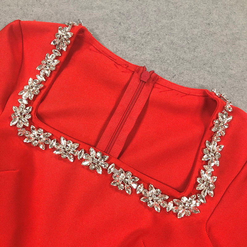 Red Velvet Jumpsuit | Elegant Square Neck Crystal Trim Flared Leg Evening Suit MYLINE