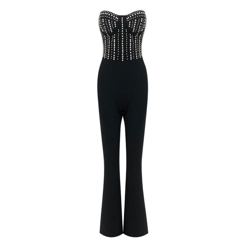 Black Pearl Strapless Jumpsuit | Corset Bust Beaded Bodice & Wide-Leg Fit for Events and Evenings MYLINE