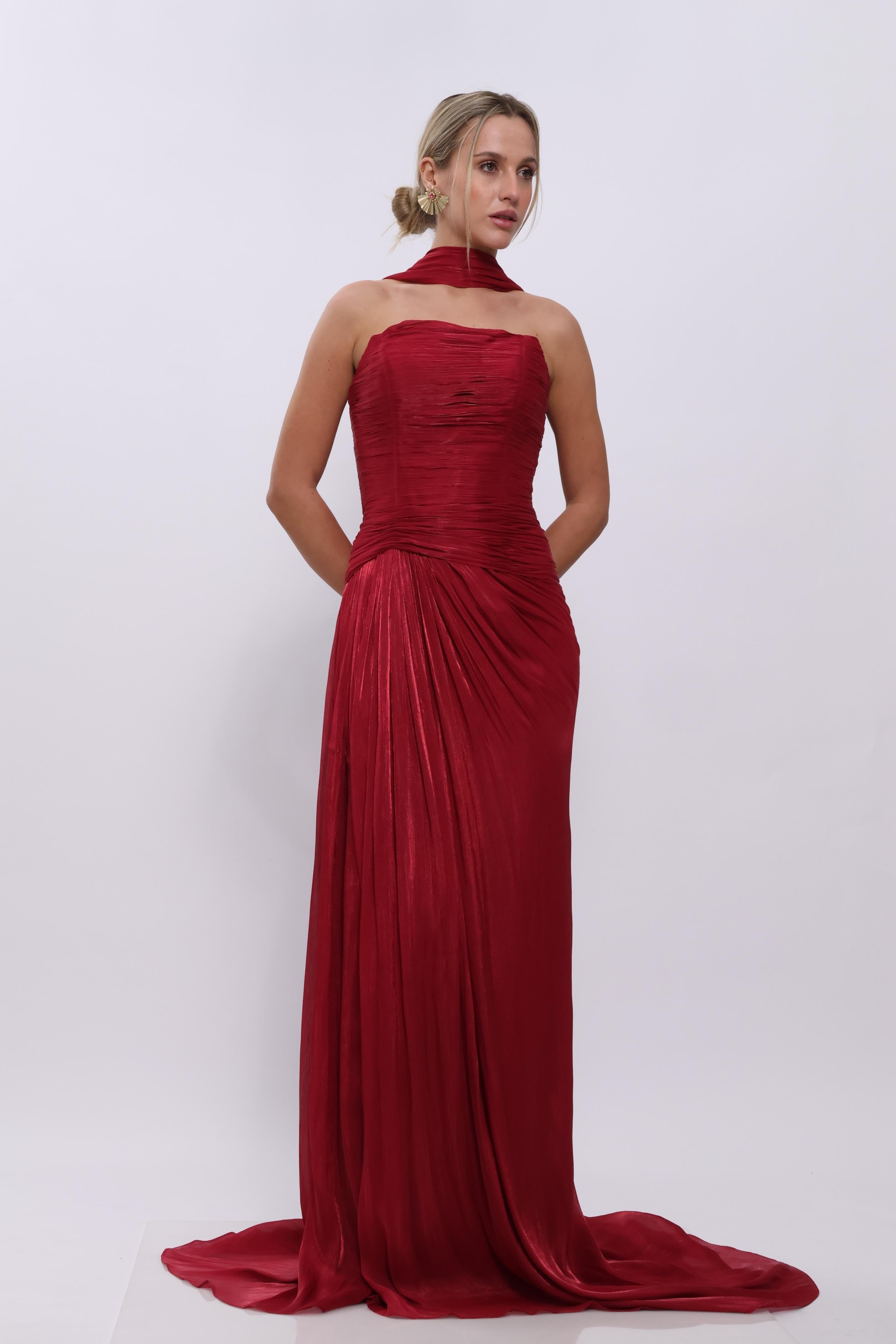 Sienna Pleated Scarf Gown – Peach Blush & Red