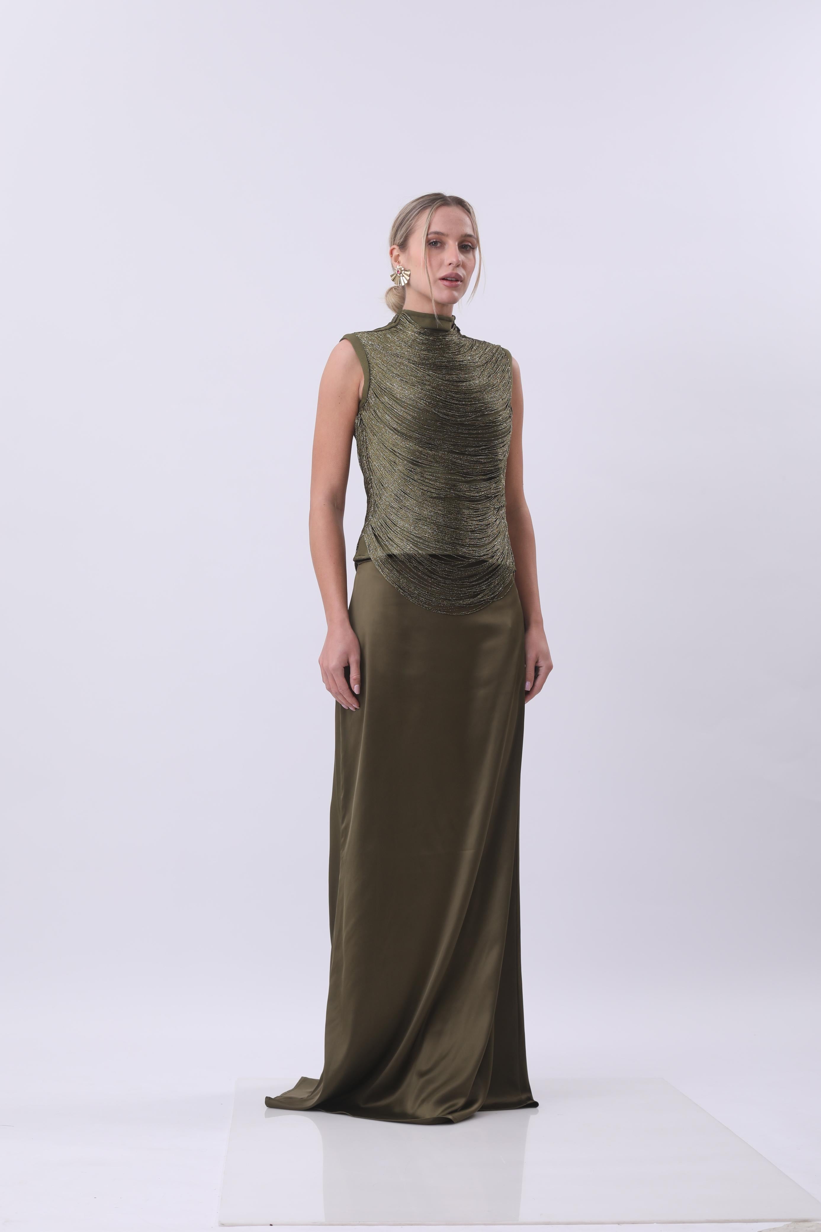 Olive Luxe Draped Evening Gown