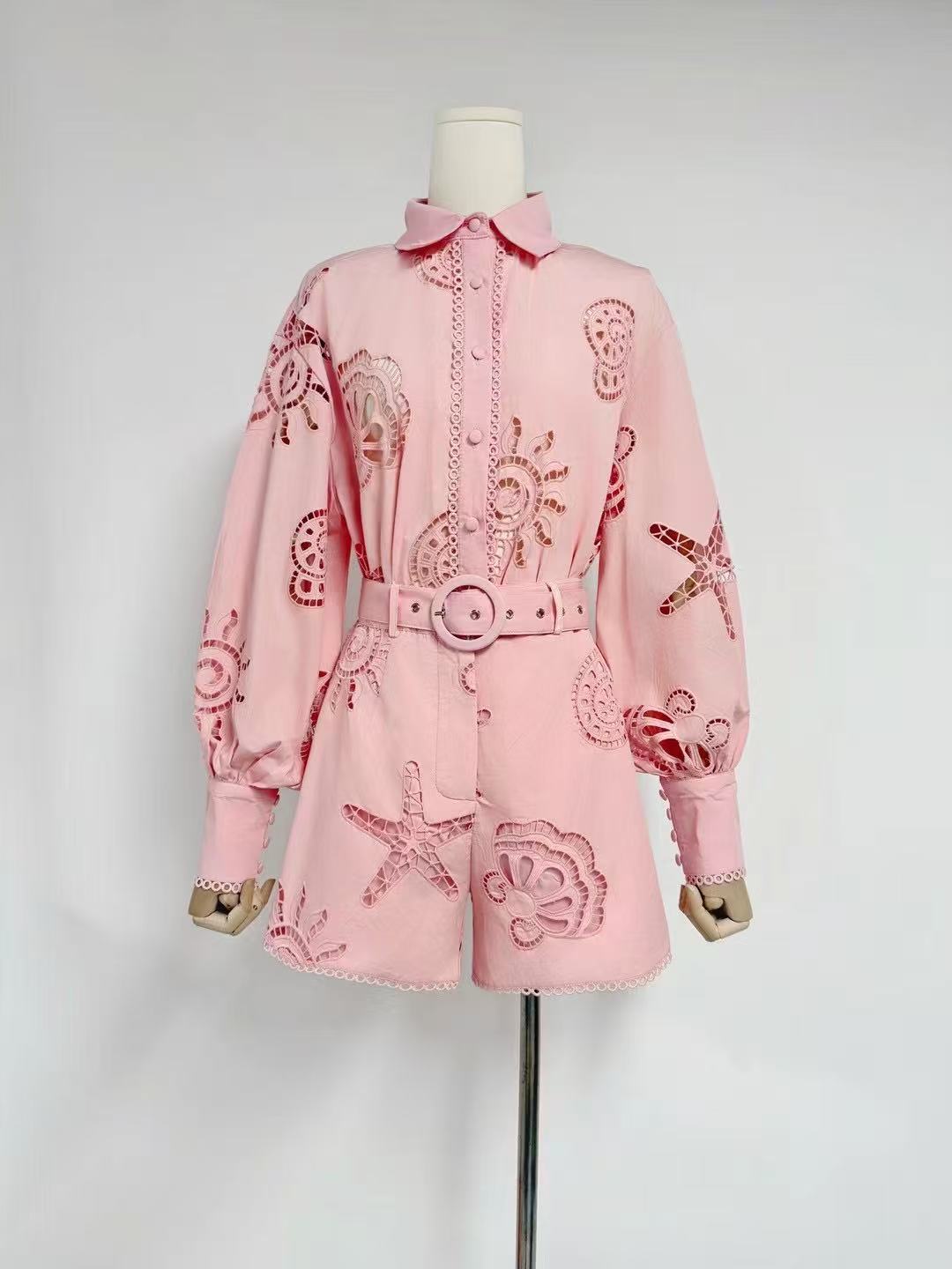 Embroidered Belted Romper Set | Starfish Eyelet Jumpsuit in Blue, White, & Pink MYLINE