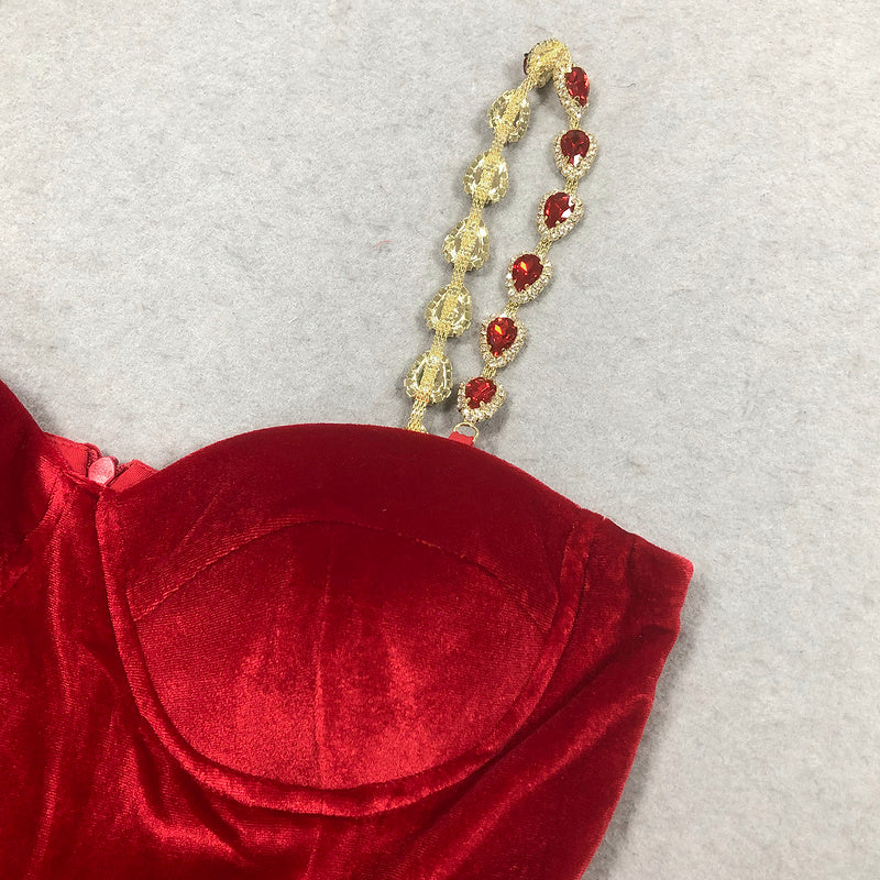 Red Velvet Jumpsuit with Crystal Straps | Luxe Flared Pantsuit with Belted Waist & Bustier Top for Glam Events MYLINE