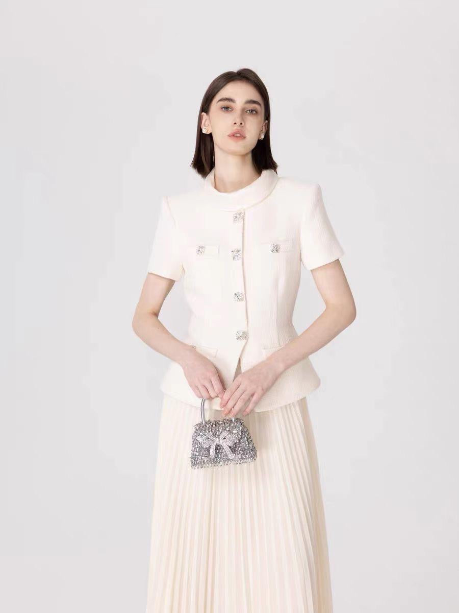 Ivory Crystal-Embellished Peplum Set with Pleated Midi Skirt