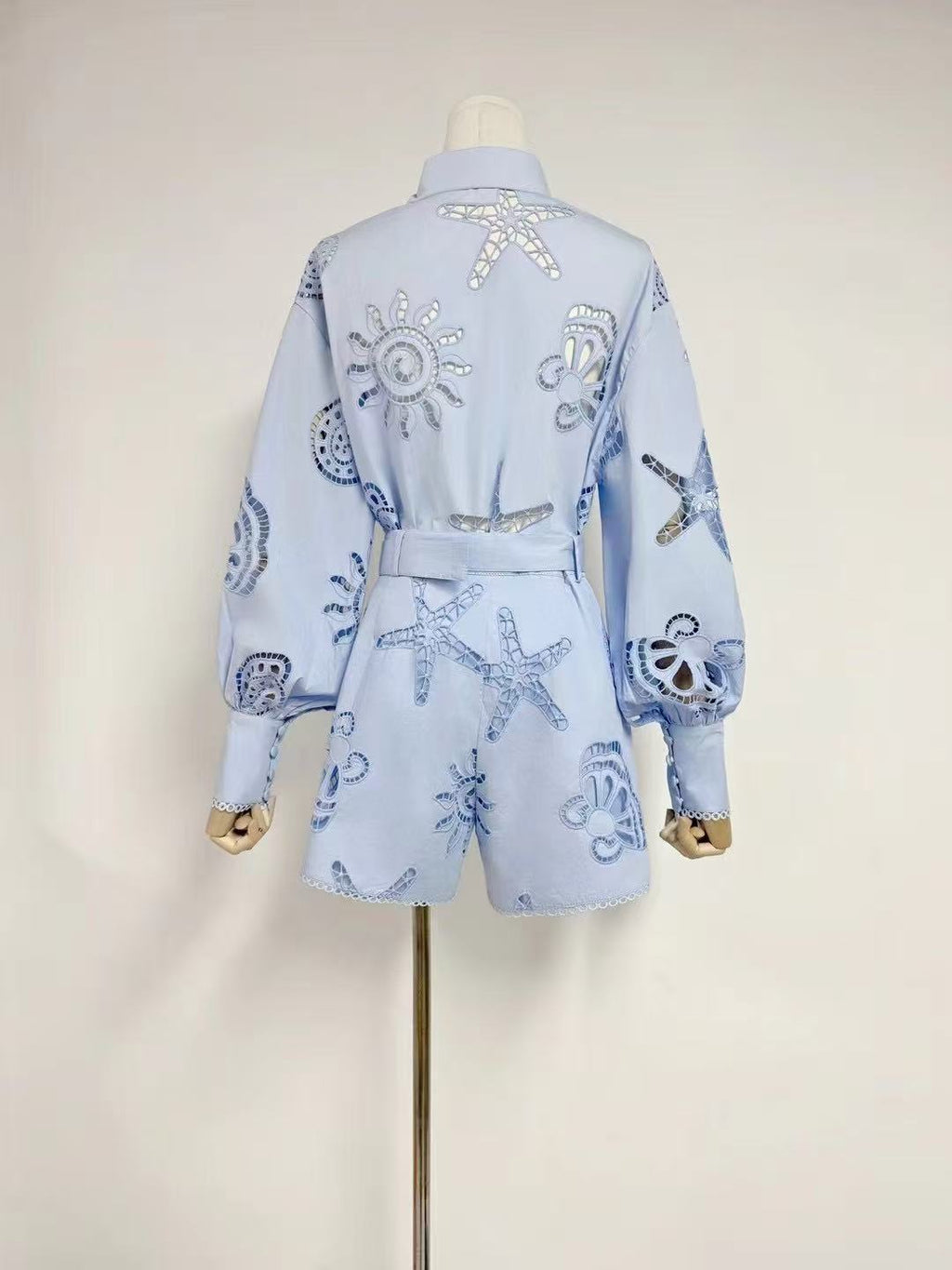 Embroidered Belted Romper Set | Starfish Eyelet Jumpsuit in Blue, White, & Pink MYLINE