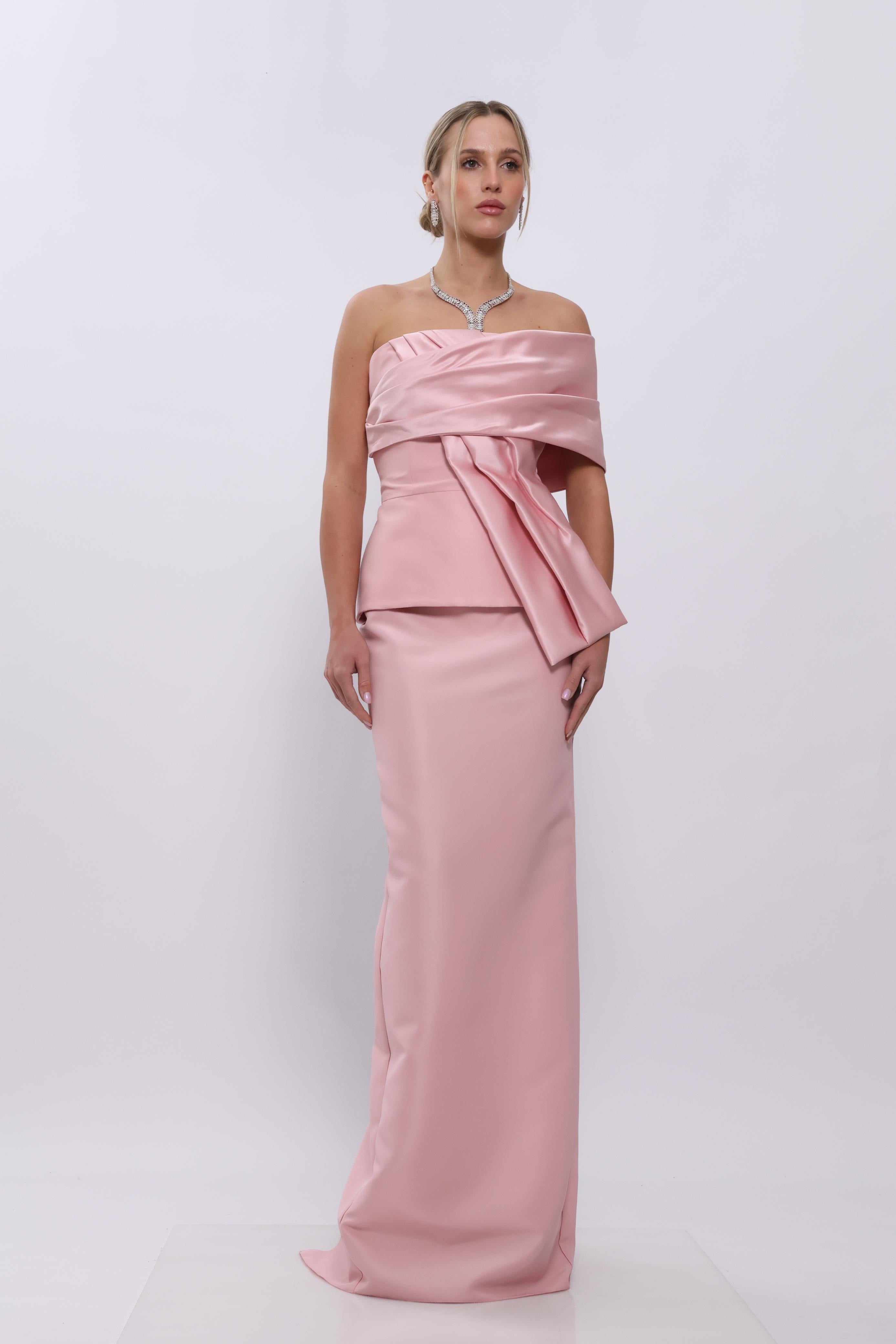 Blush Satin One-Shoulder Draped Gown