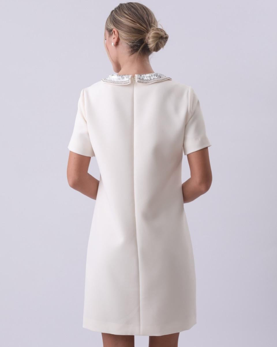 Velour Bow Collar Mini Dress - Ivory