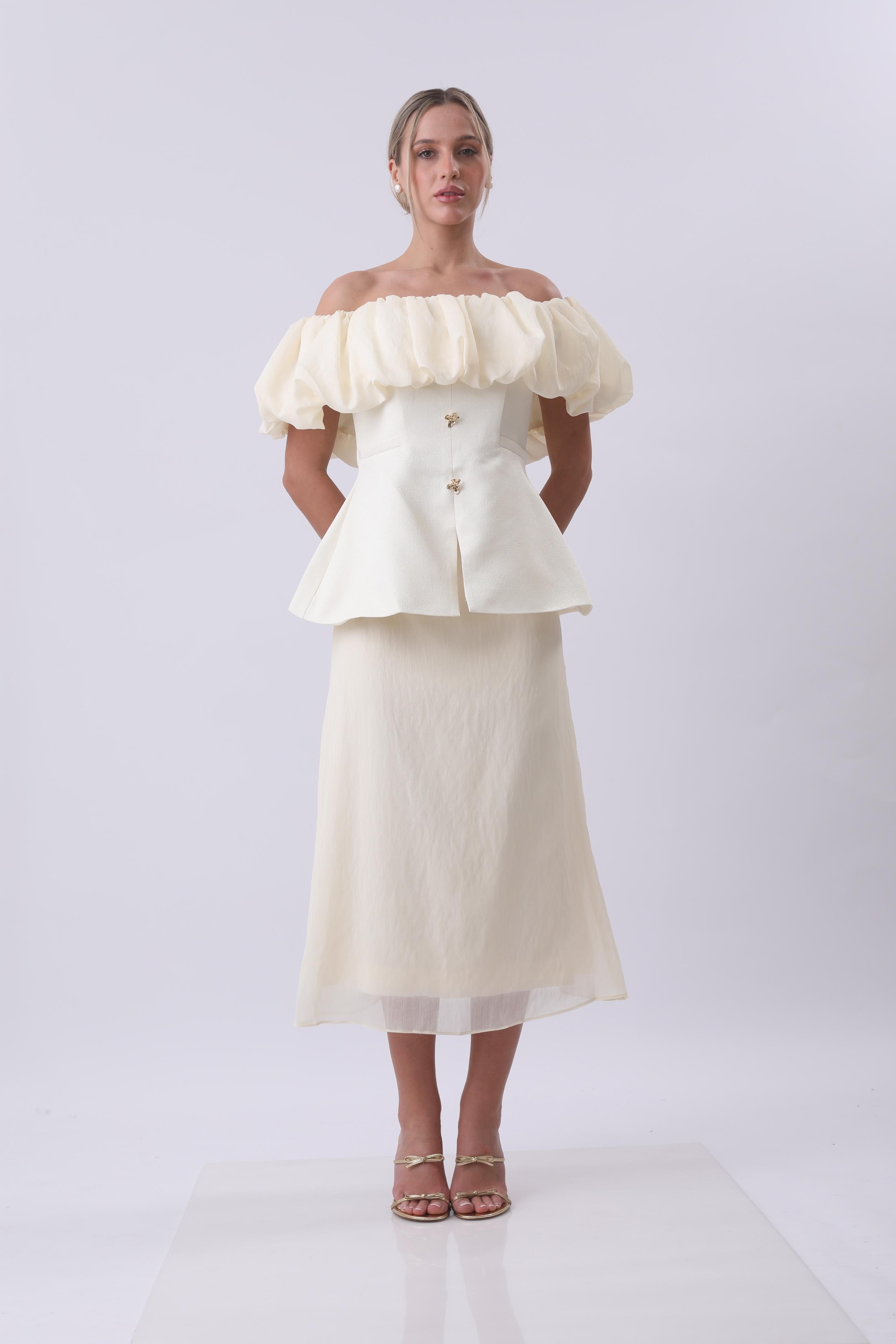 Ivory Bloom Off-Shoulder Structured Midi Dress