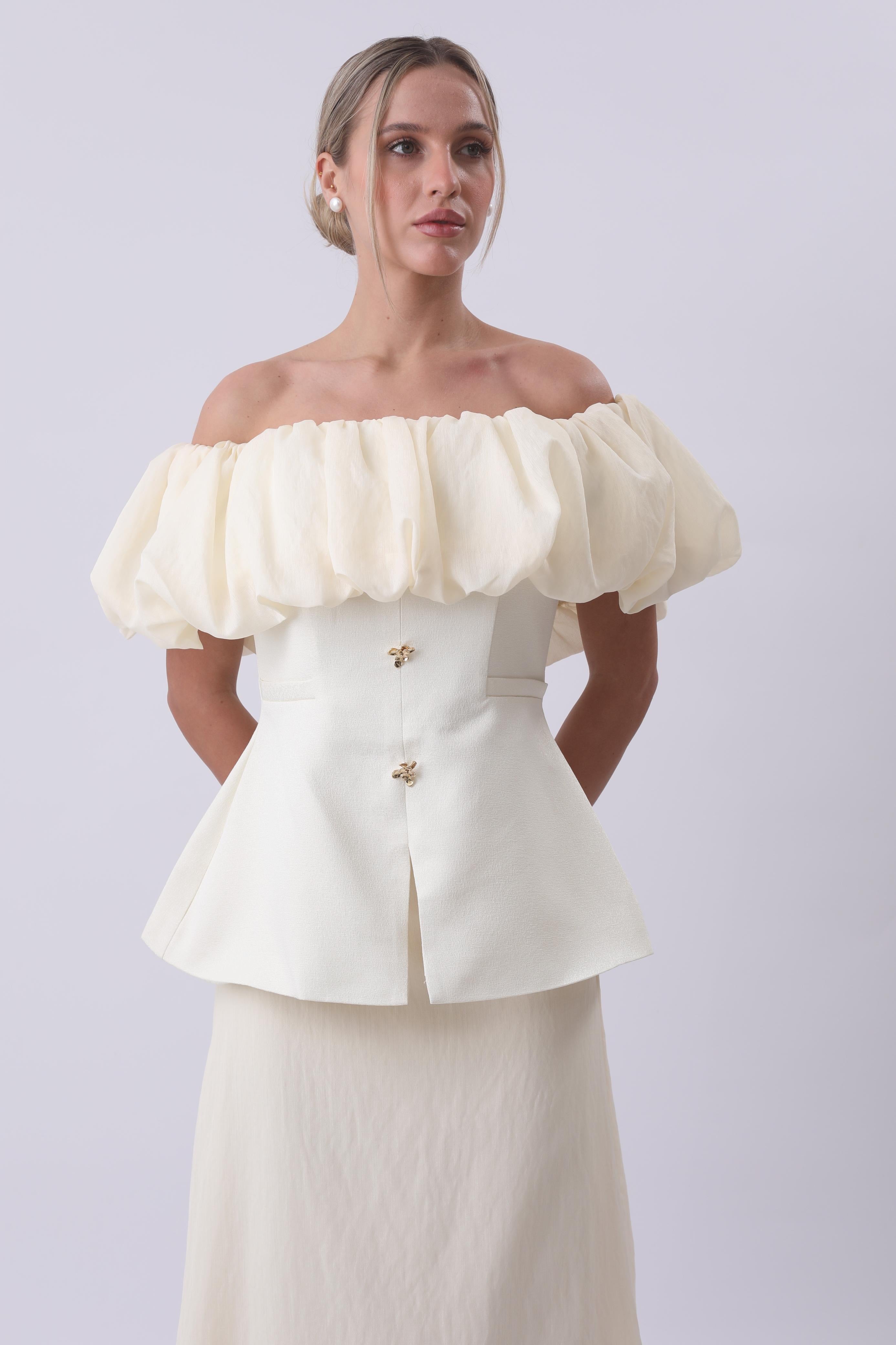 Ivory Bloom Off-Shoulder Structured Midi Dress